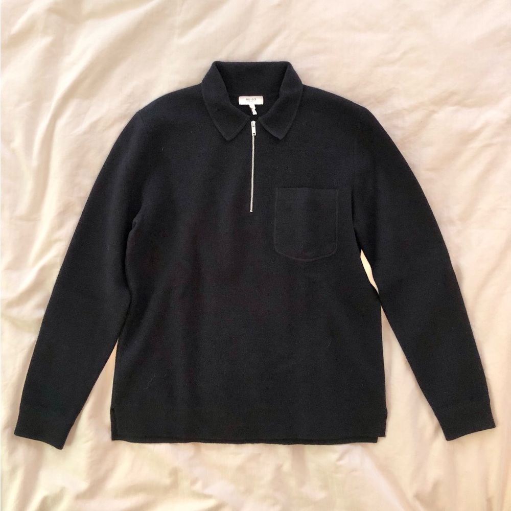 REISS 100% Wool Zip-up Long Sleeve Navy Polo in Medium.